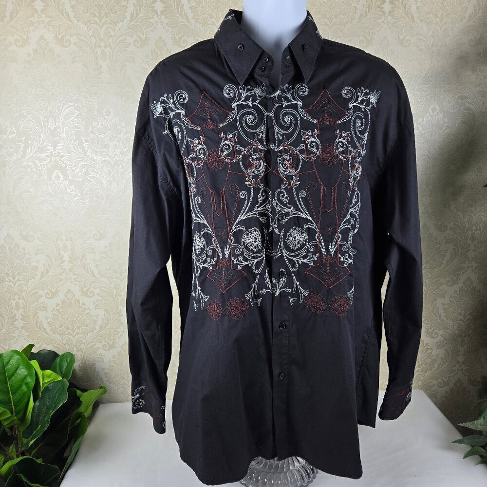 Milano Moda Size 2XL Button Up Shirt Black with White Brown Embroidery